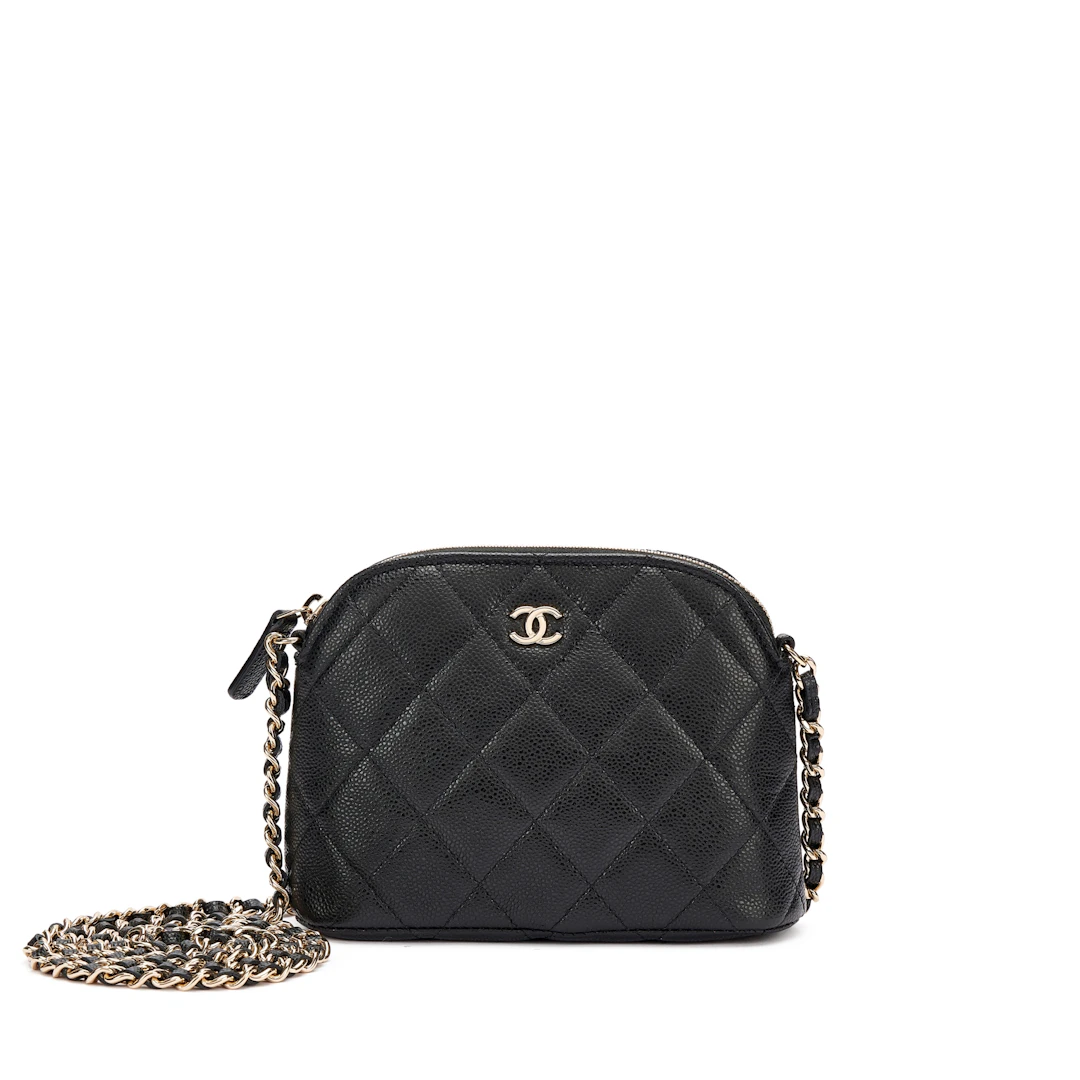 Black Quilted Caviar Bag with Chain Pale Gold Hardware