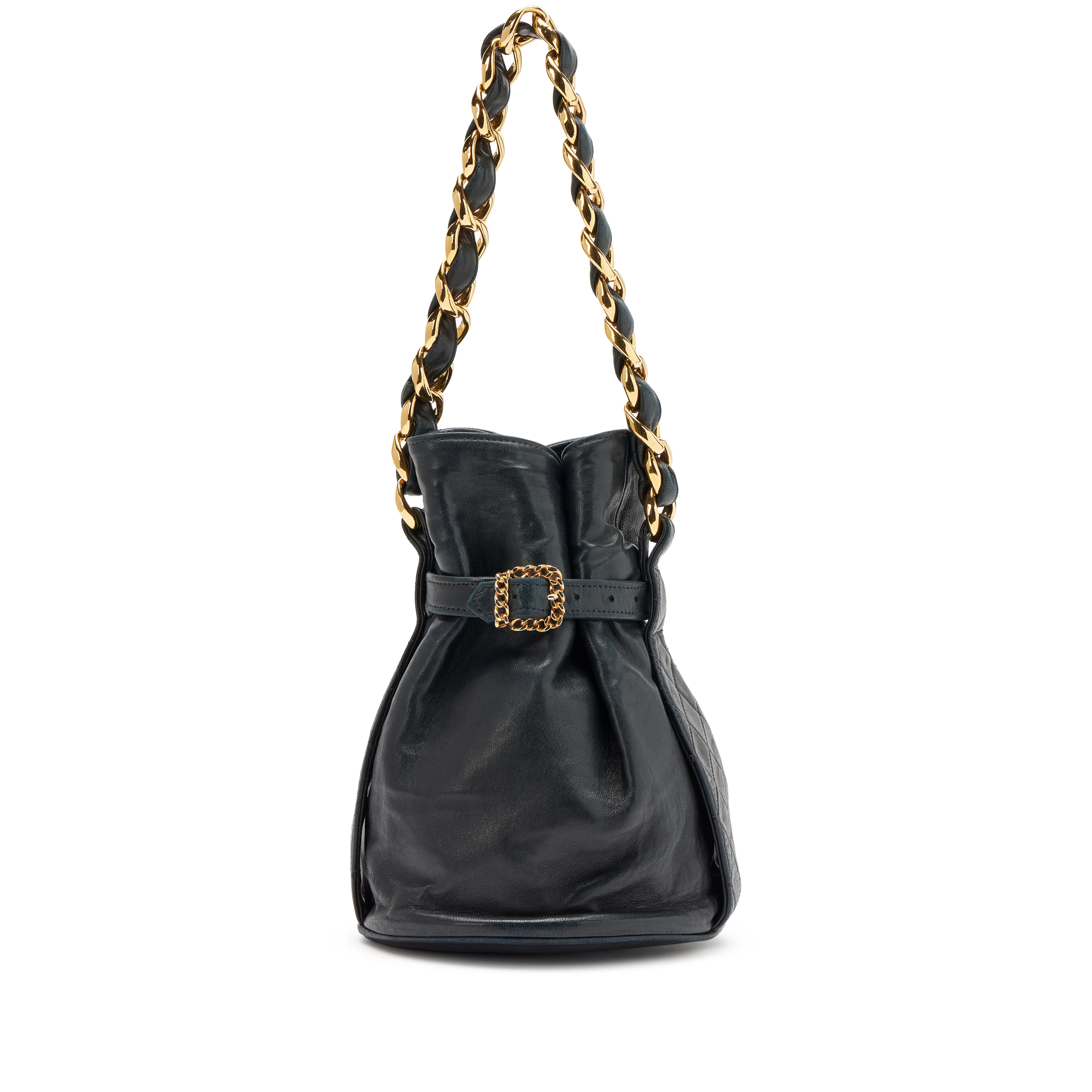 Vintage Black Lambskin Chunky Chain Drawstring Bucket Bag Gold Hardware, 1990s
