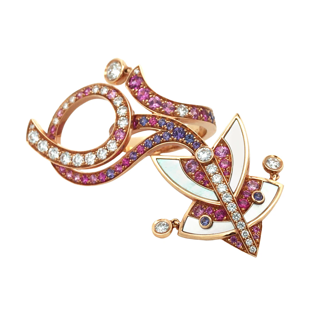 Rose Gold, Mother of Pearl, Multicolor Sapphire and Diamond Cerfs-Volants Ring