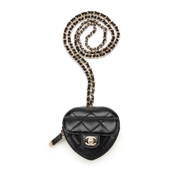 Black Quilted Lambskin Heart Zipped Coin Purse Necklace Gold Hardware, 2022