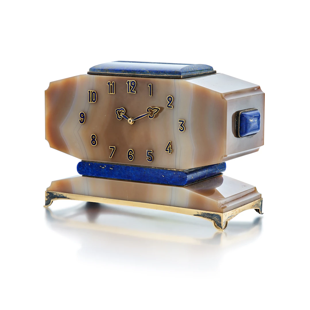 Agate, Lapis Lazuli, Silver-Gilt and Enamel Desk Clock, France