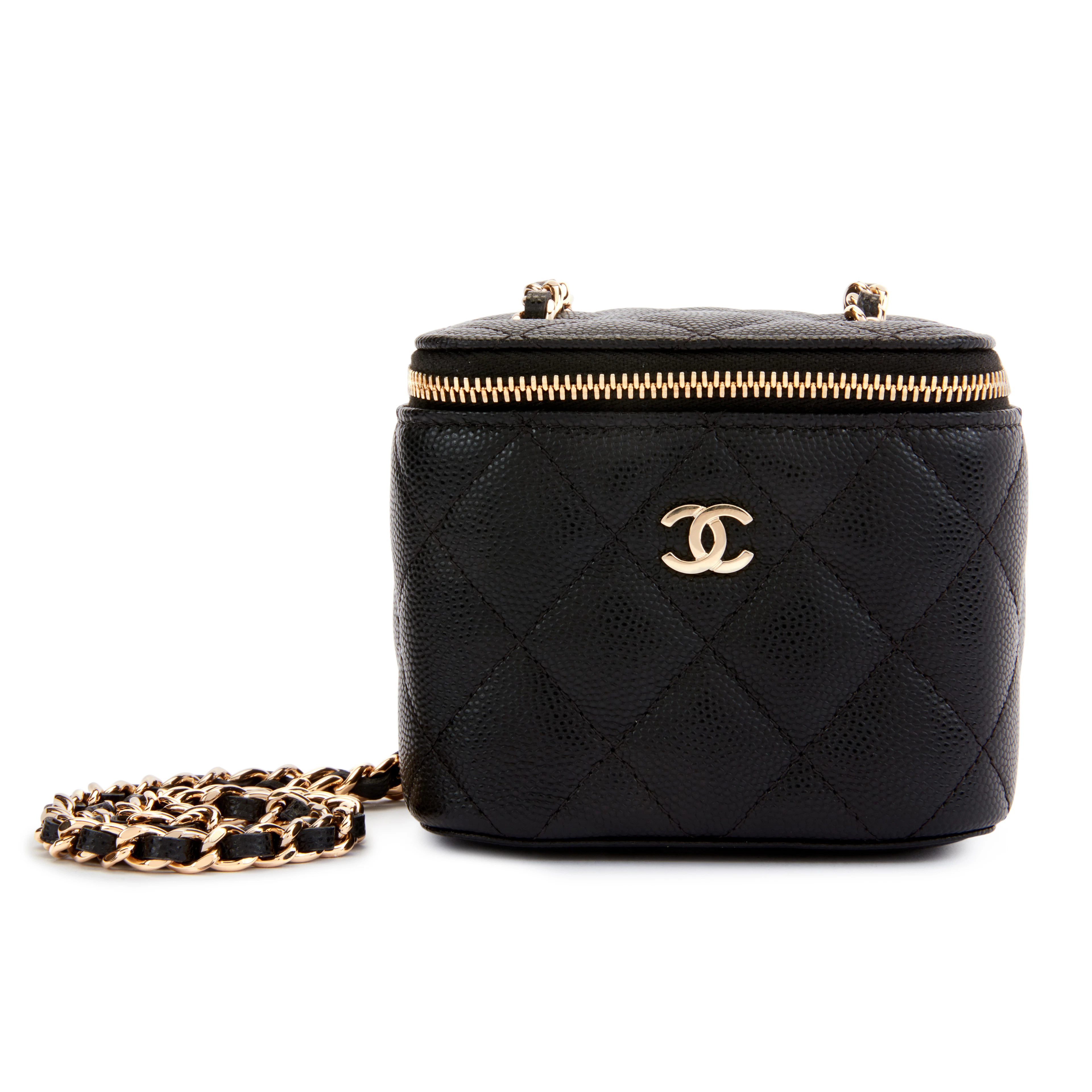Black Quilted Caviar Mini Vanity Case With Chain Gold Hardware, 2021