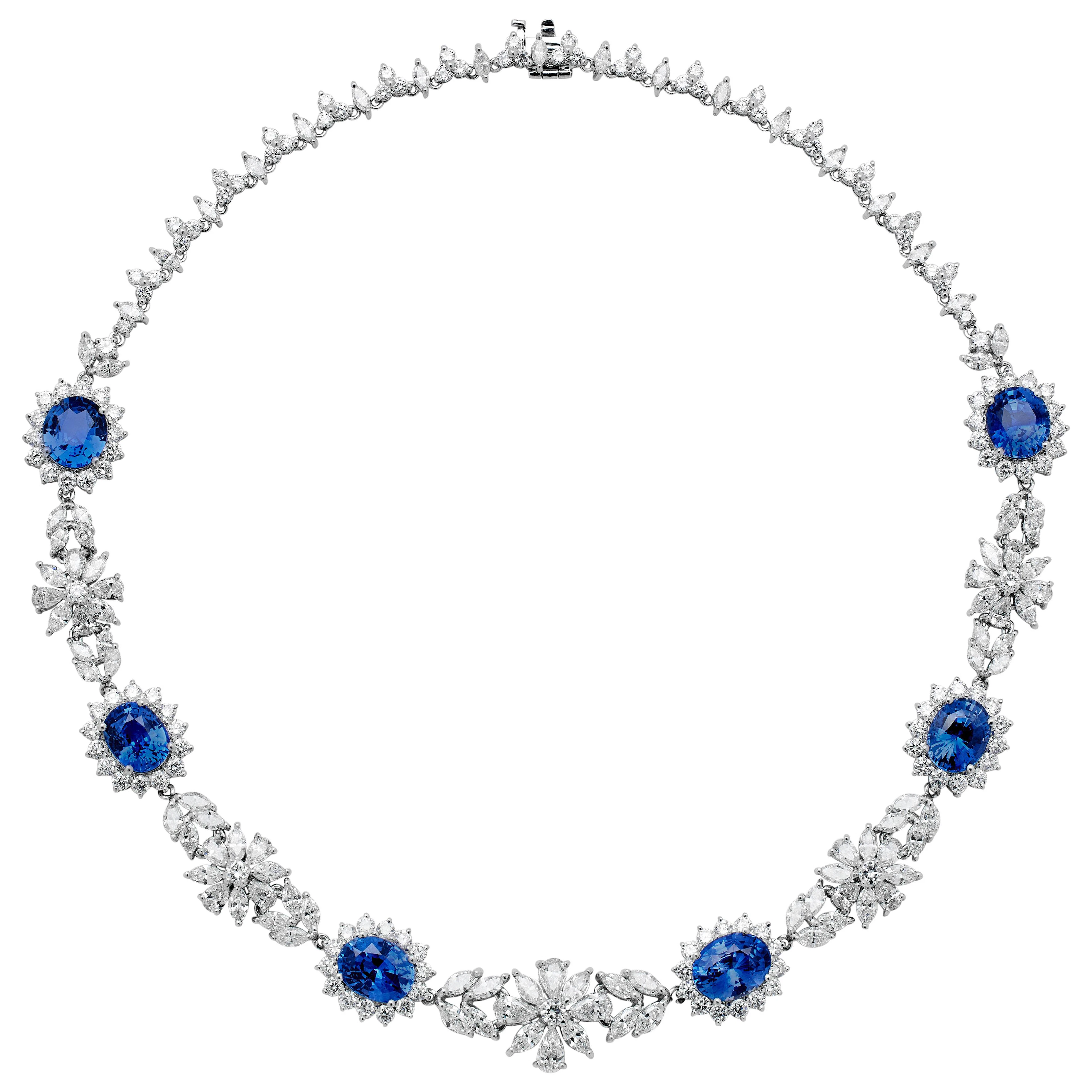 Platinum, 25.60ctw Ceylon Sapphire and Diamond Floral Necklace