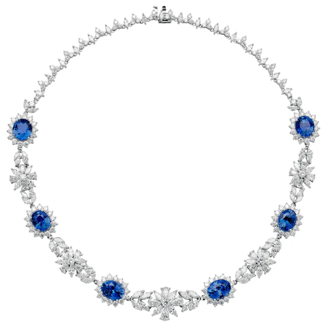 Platinum, 25.60ctw Ceylon Sapphire and Diamond Floral Necklace