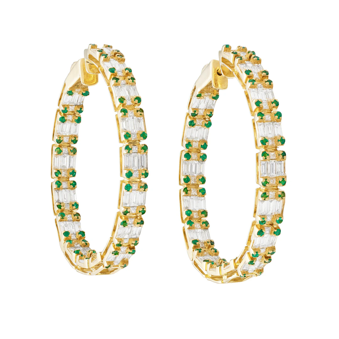 Gold, Diamond and Emerald Hoop Earrings