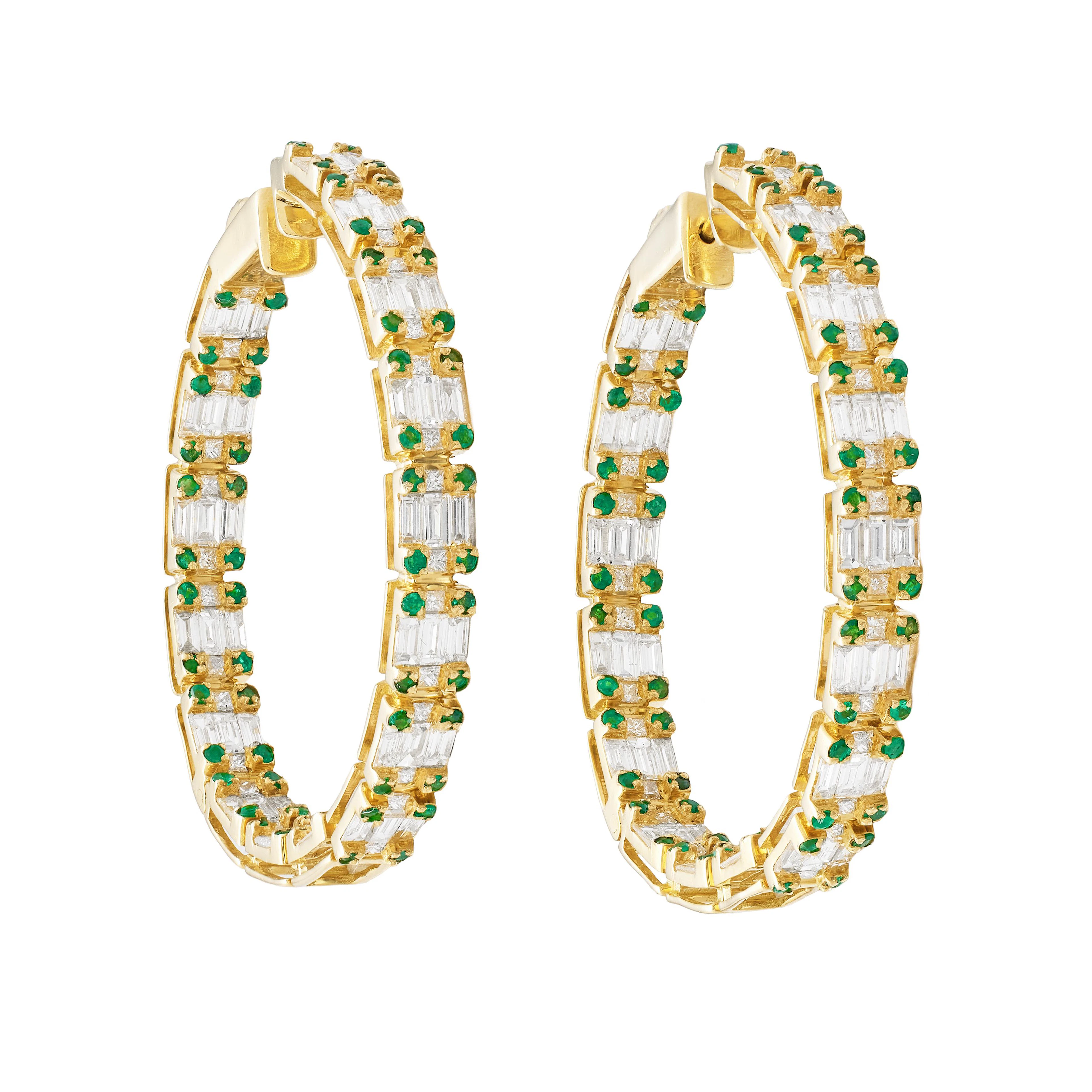 Gold, Diamond and Emerald Hoop Earrings