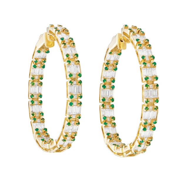 Gold, Diamond and Emerald Hoop Earrings