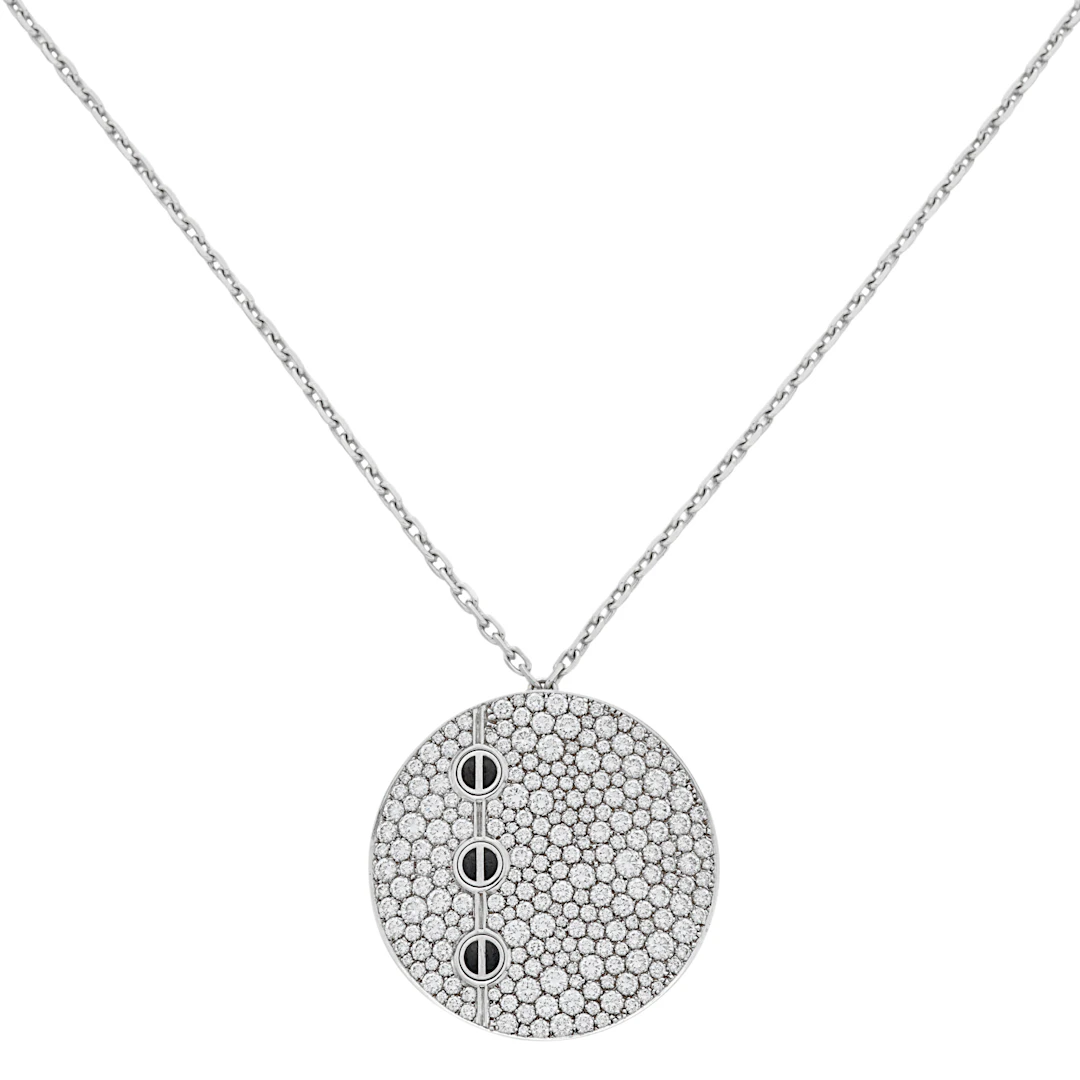 White Gold, Black Ceramic and Diamond Love Disc Pendant Necklace