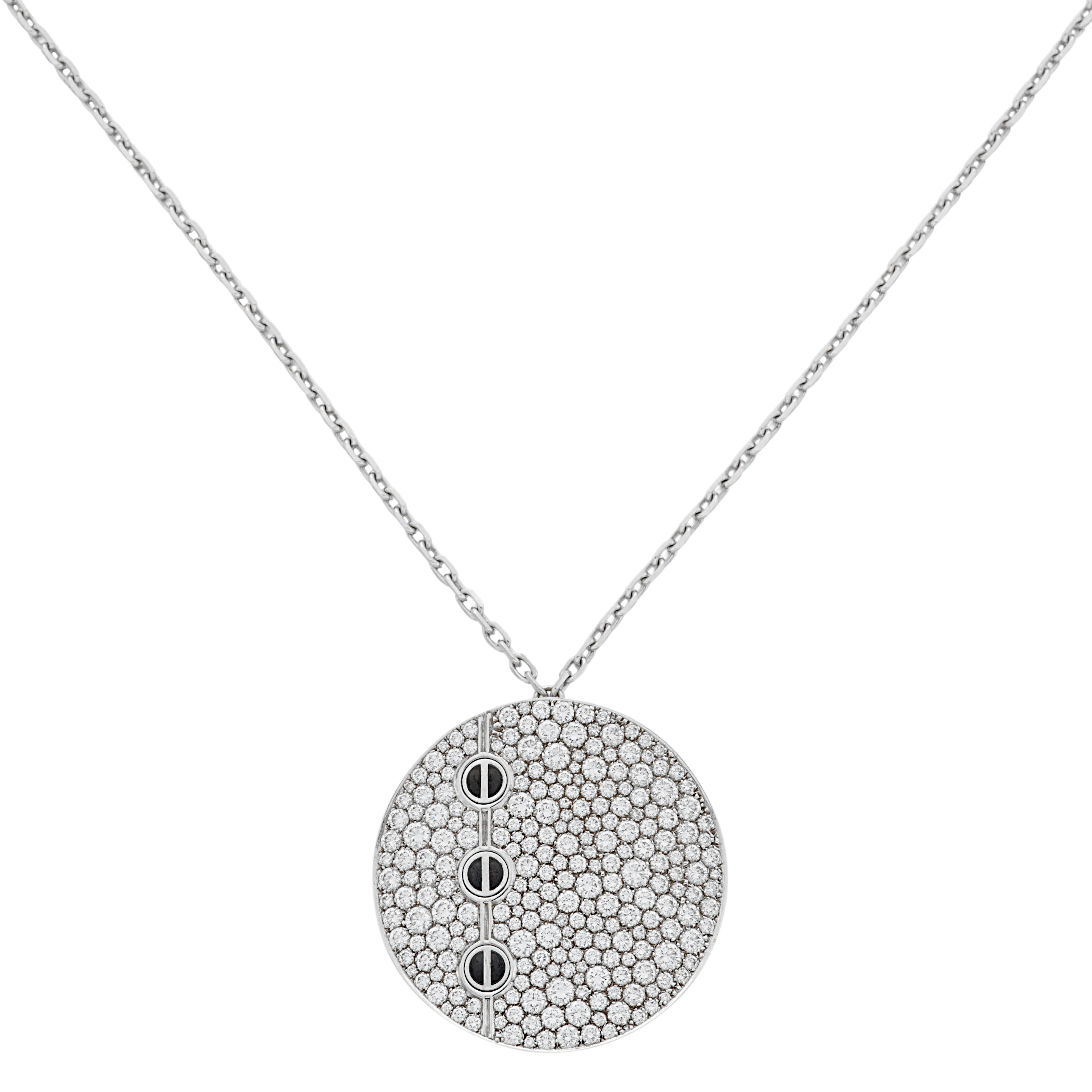White Gold, Black Ceramic and Diamond Love Disc Pendant Necklace