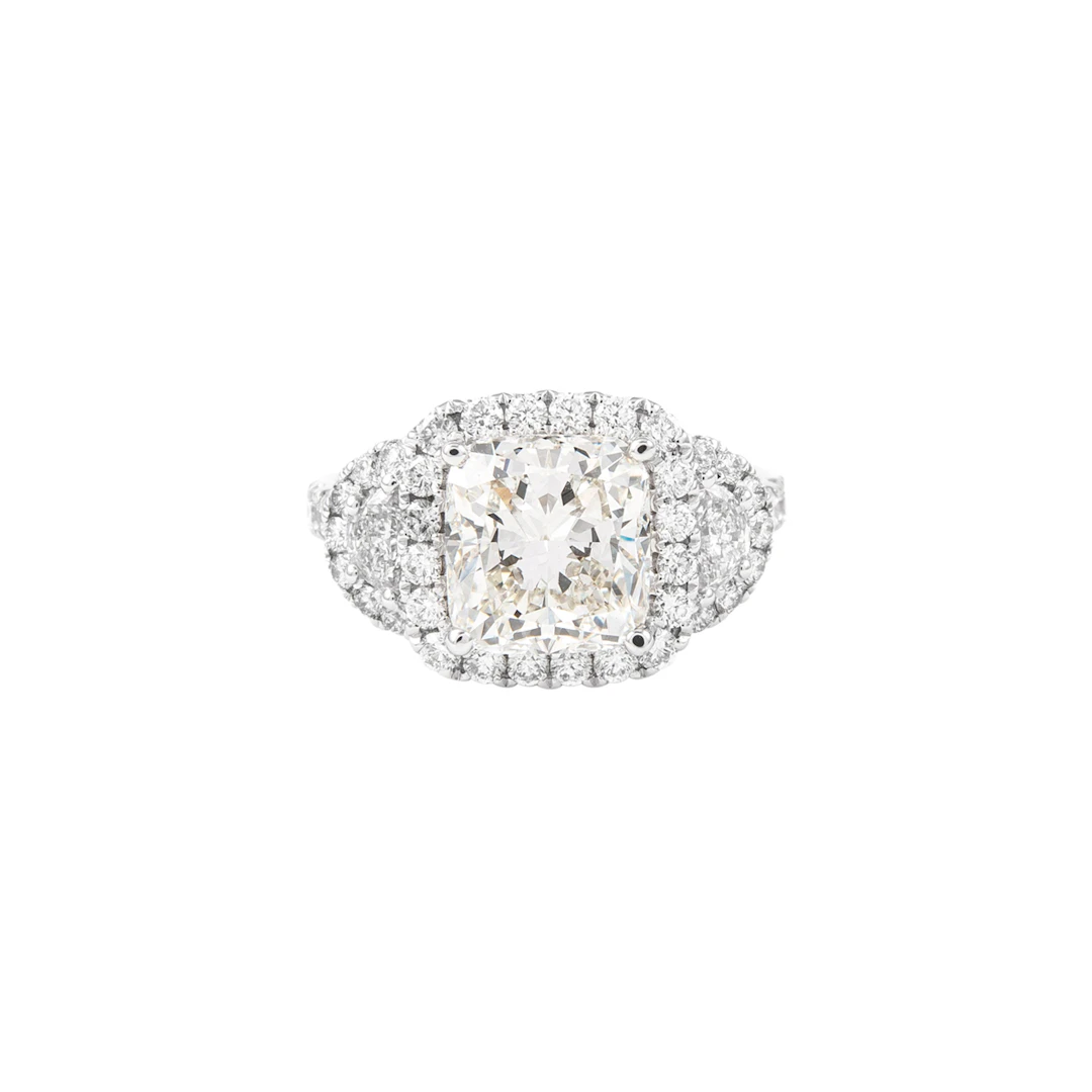 White Gold, 3.05ct Cushion Cut Diamond and Diamond Three Stone Ring