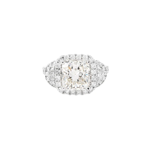 White Gold, 3.05ct Cushion Cut Diamond and Diamond Three Stone Ring