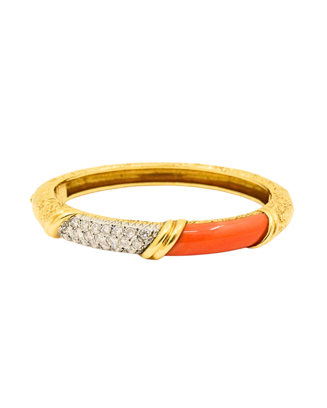 Vintage Gold, Coral and Diamond Bangle Bracelet