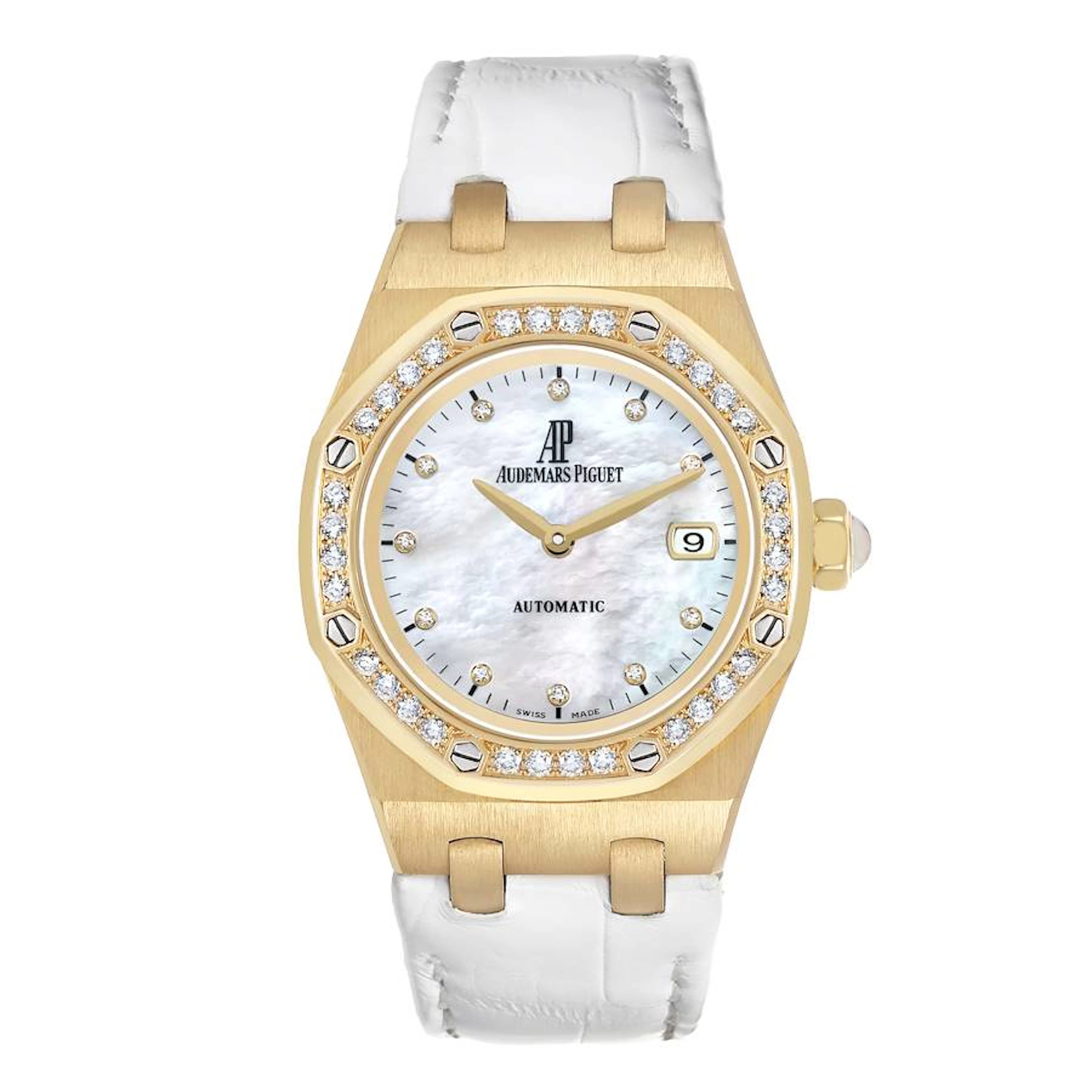 Lady Royal Oak (Reference 77321). A 33mm yellow gold diamond-set quartz