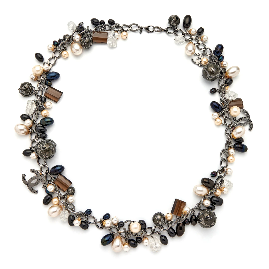 Ruthenium, Imitation Pearl, Black, Brown and Crystal Beads, and CC