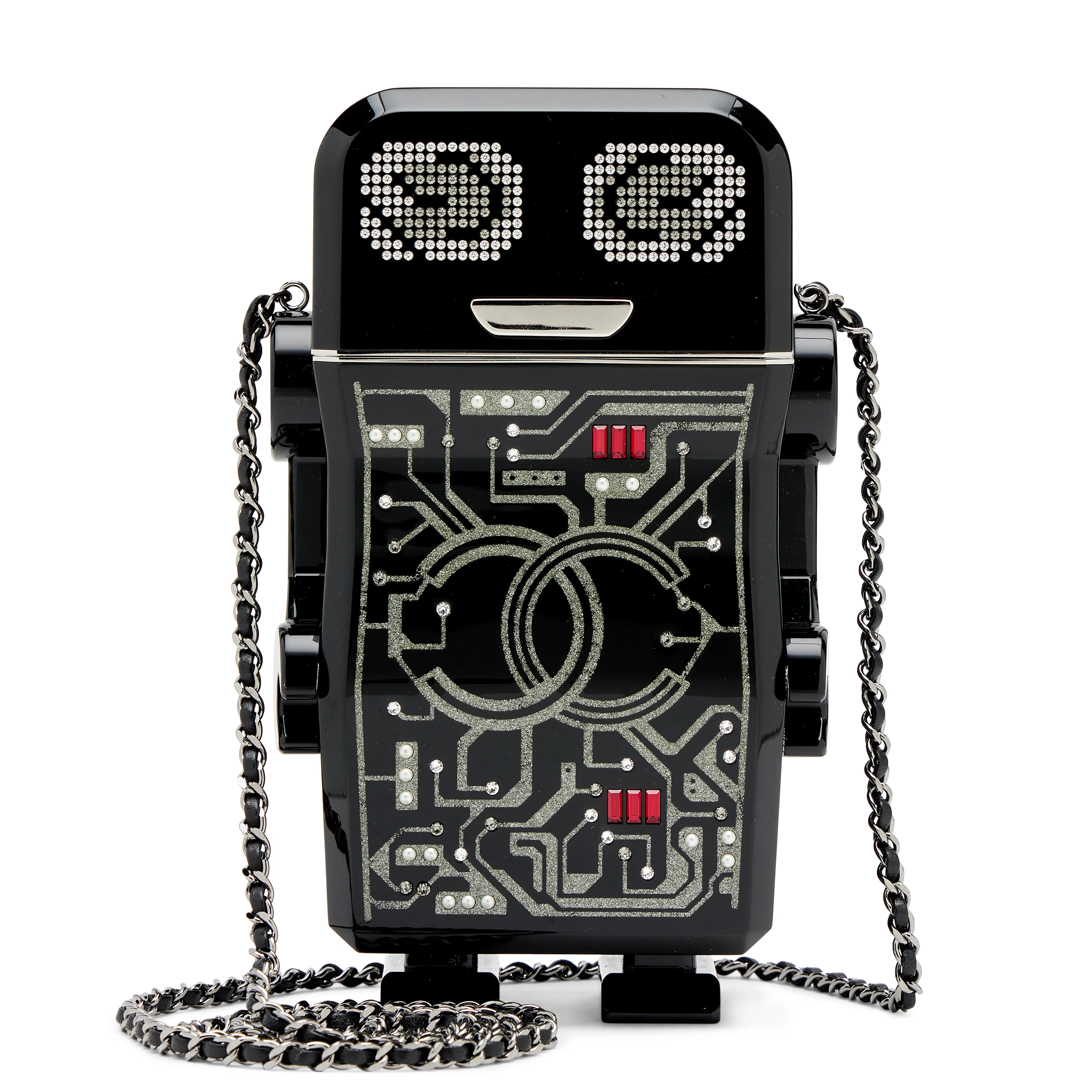 Black, Silver and Red Plexiglass and Strass Robot Minaudière Ruthenium