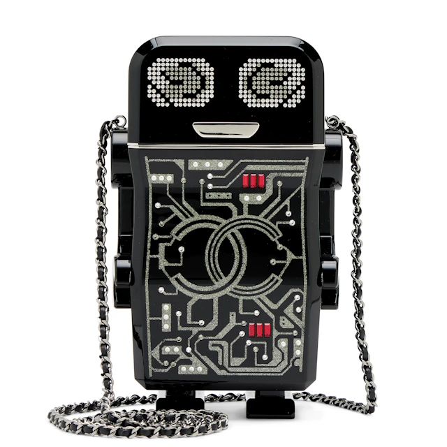 Black, Silver and Red Plexiglass and Strass Robot Minaudière Ruthenium