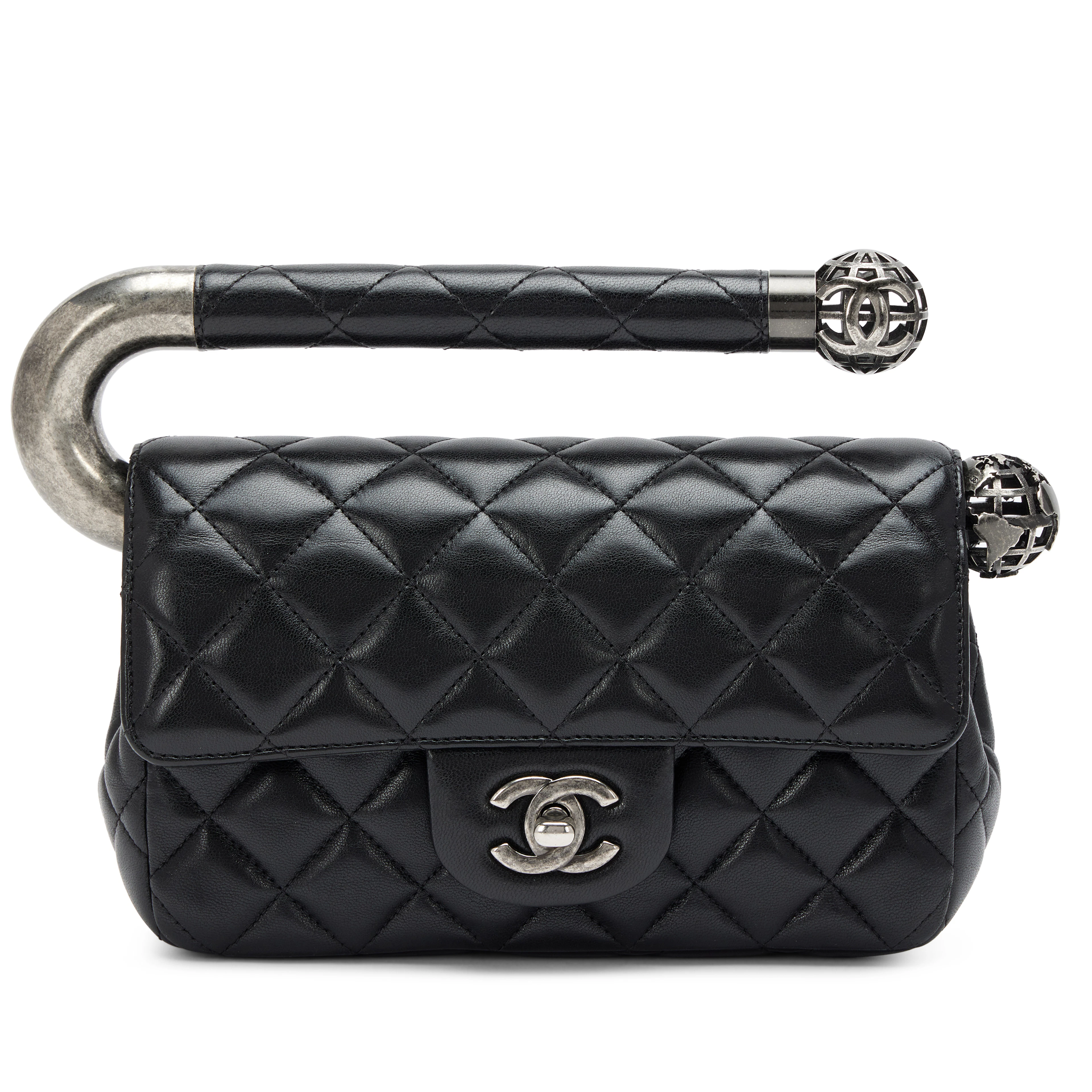 Black Quilted Lambskin Around The World Handle Single Flap Bag Ruthenium