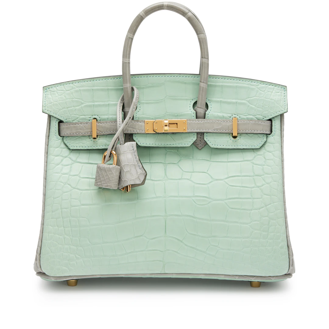 Vert D'Eau and Gris Perle Matte Alligator Birkin 25 Gold Hardware, 2022