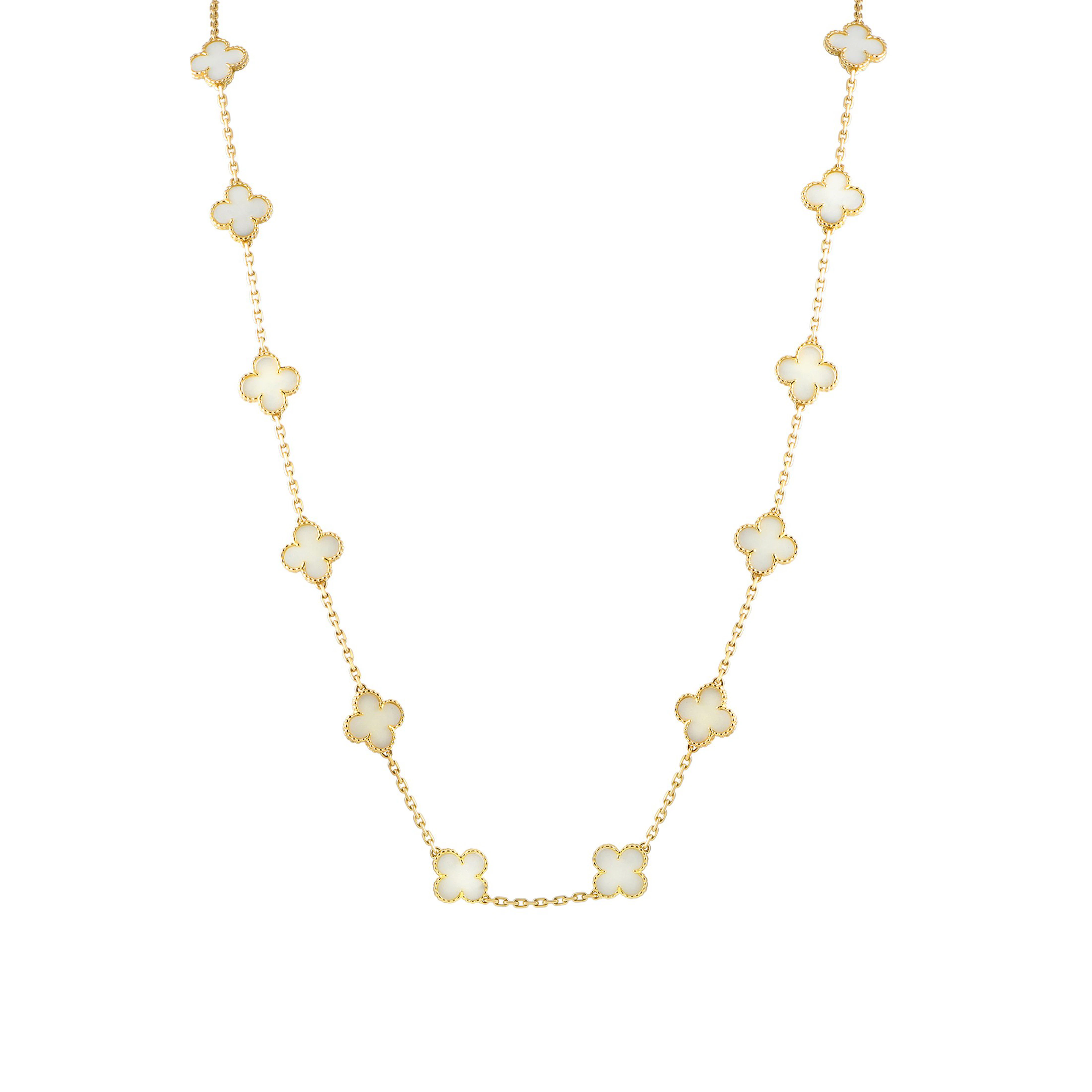 Gold and White Coral Vintage Alhambra 20 Motifs Long Necklace