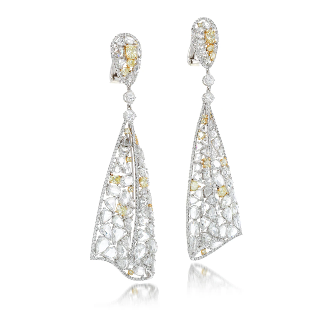 White Gold, Yellow Diamond and Diamond Drop Earrings