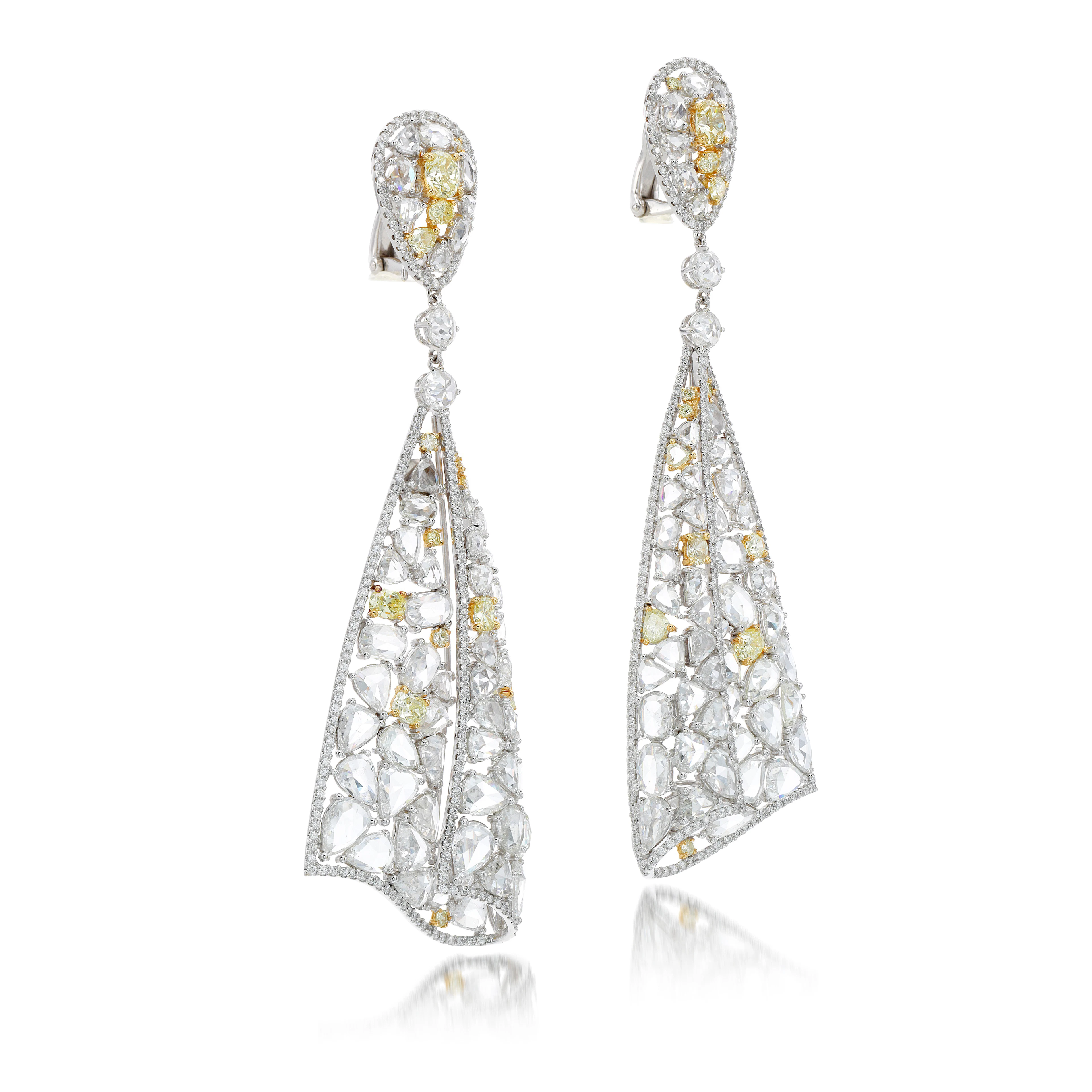 White Gold, Yellow Diamond and Diamond Drop Earrings