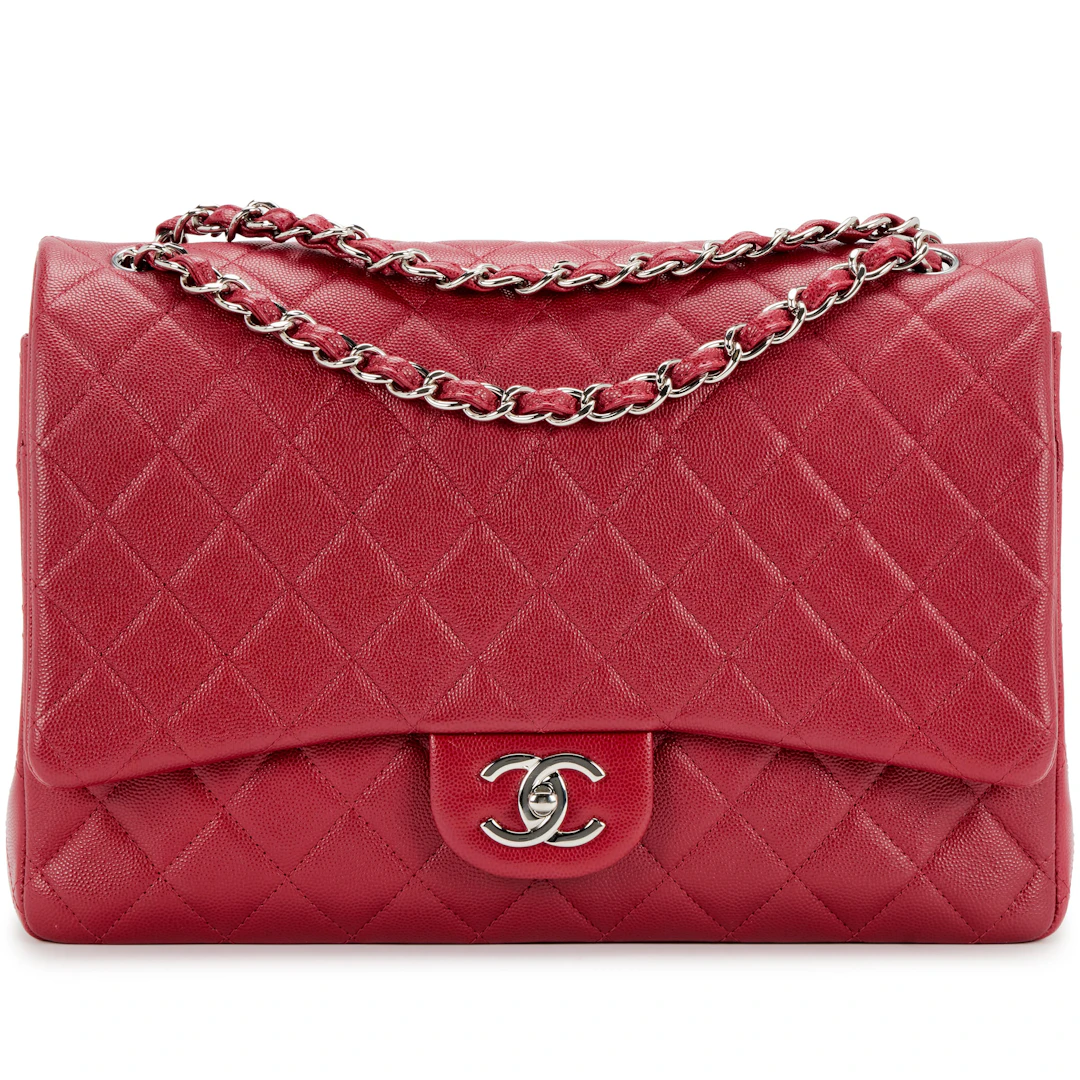 Red Quilted Caviar Maxi Classic Double Flap Silver Hardware, 2018-2019