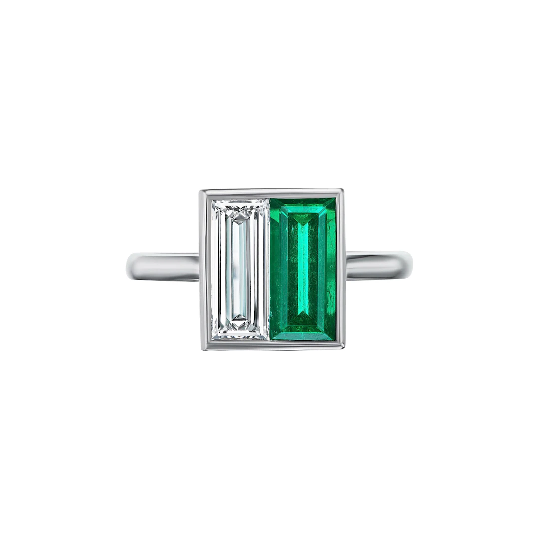 Platinum, 1.20ct Colombian Emerald and 1.02ct Emerald Cut Diamond