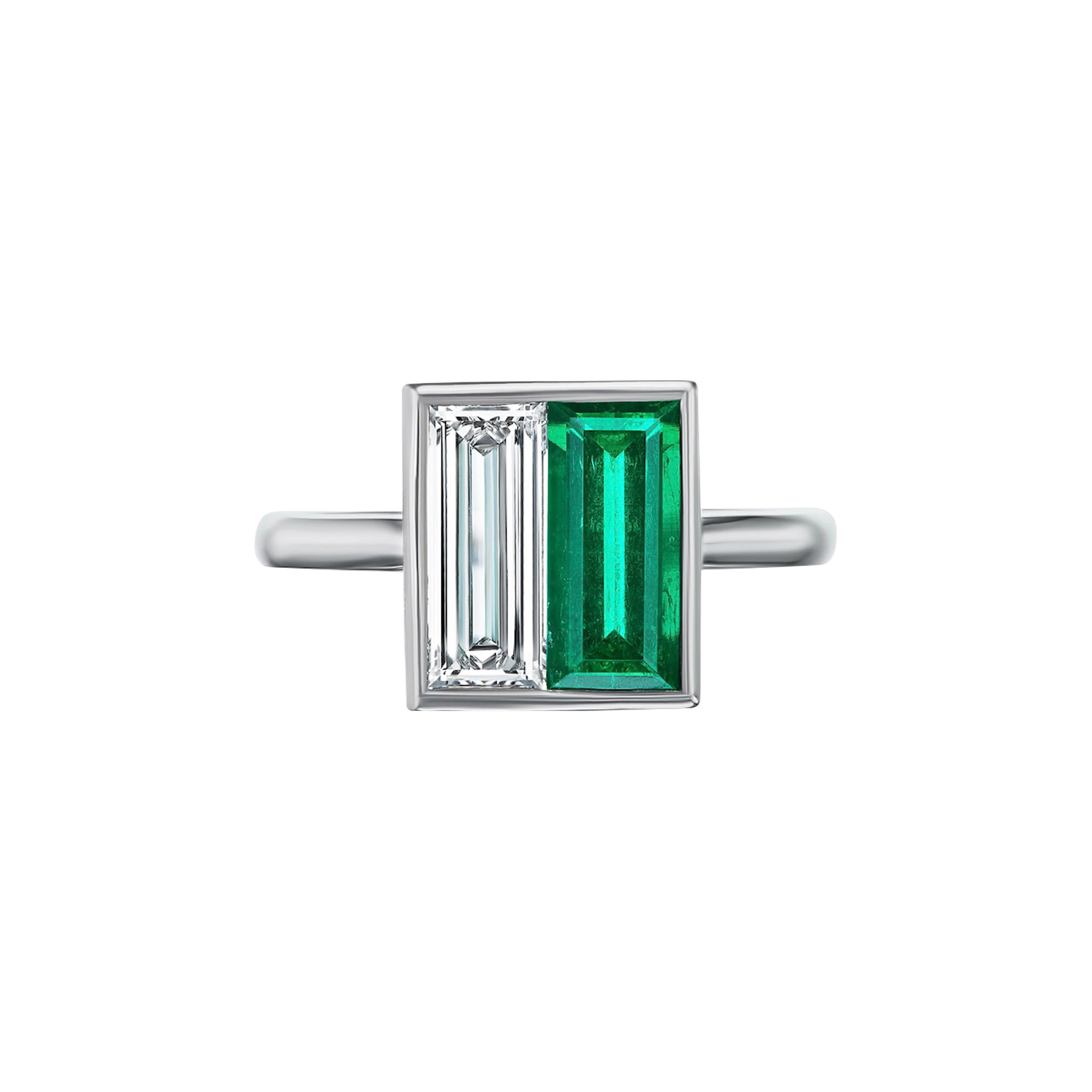 Platinum, 1.20ct Colombian Emerald and 1.02ct Emerald Cut Diamond