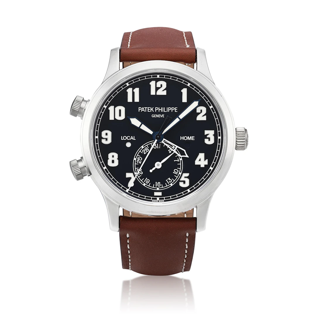 Calatrava Pilot Travel Time (Reference 5524G). A 42mm white gold dual