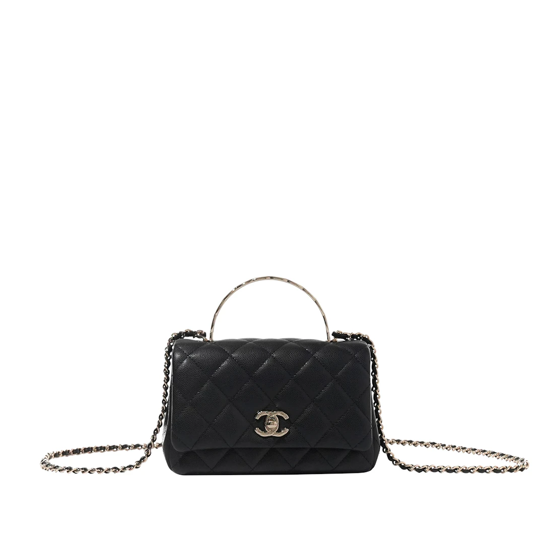 Black Quilted Caviar Top Handle Flap Bag Gold Hardware
