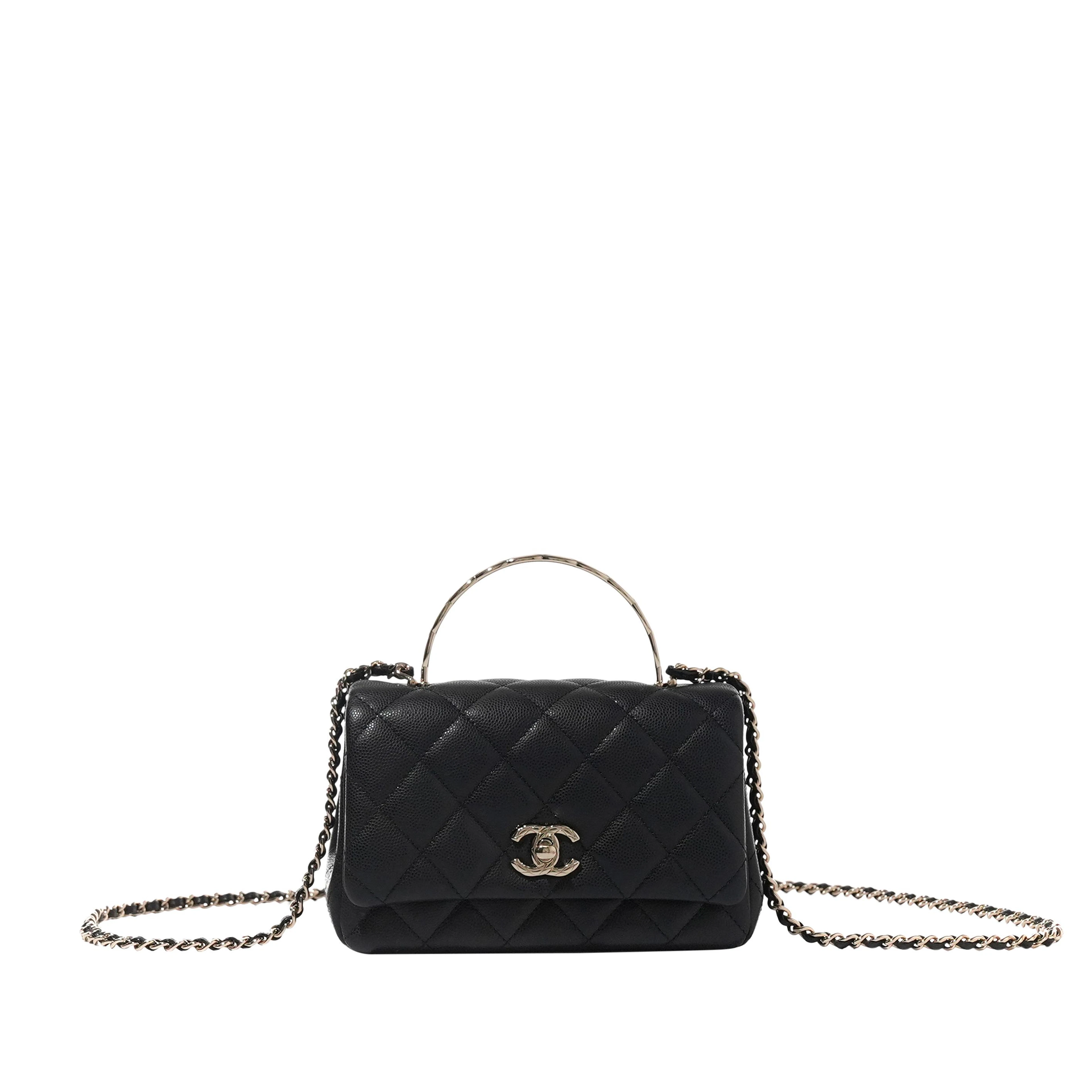 Black Quilted Caviar Top Handle Flap Bag Gold Hardware