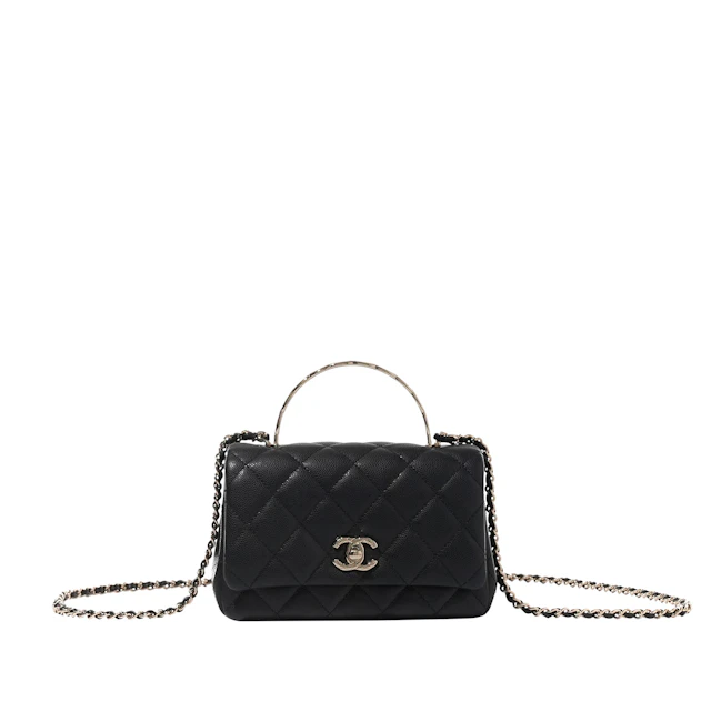 Black Quilted Caviar Top Handle Flap Bag Gold Hardware
