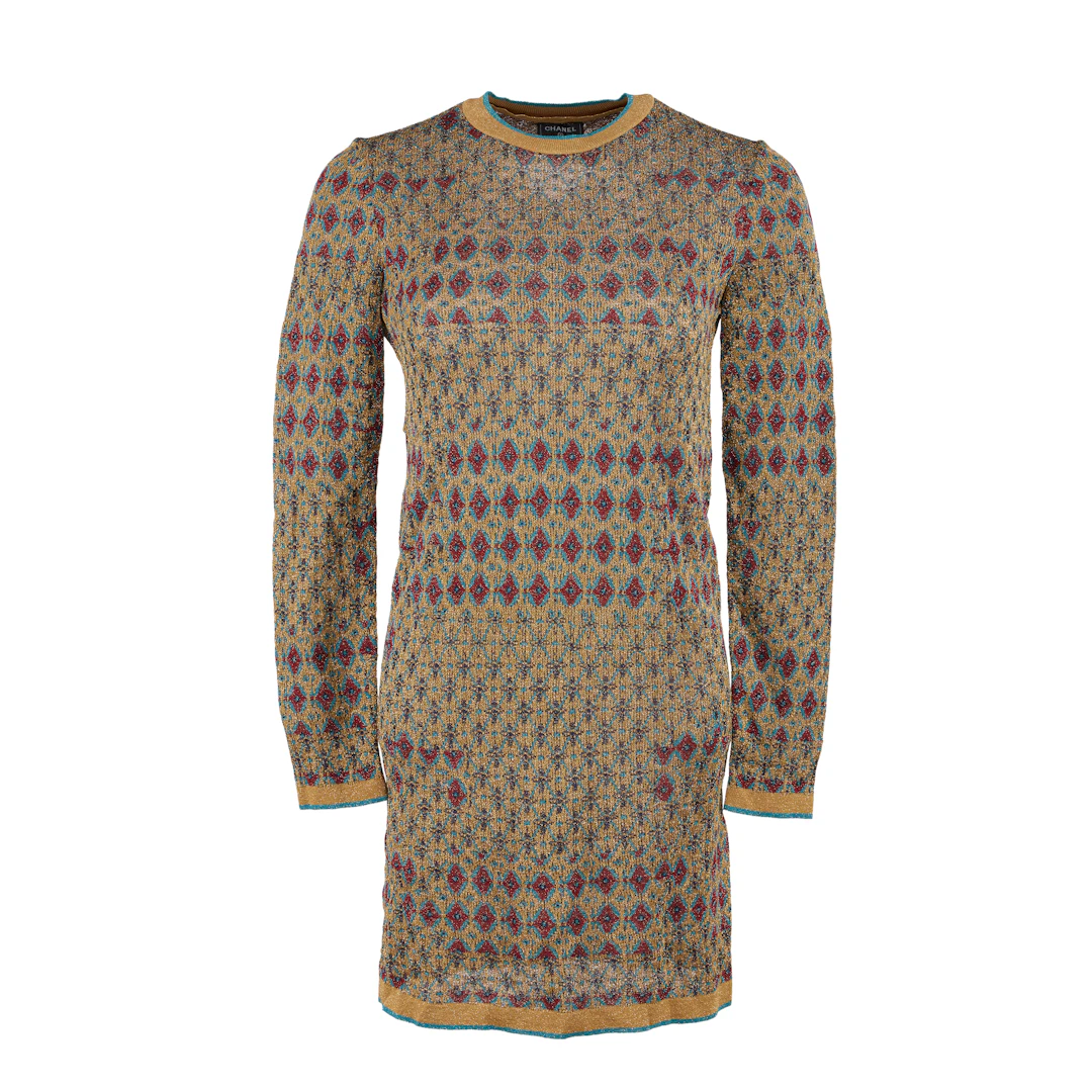 Metallic Gold, Turquoise, and Red Egypt Knit Mini Dress, 2019
