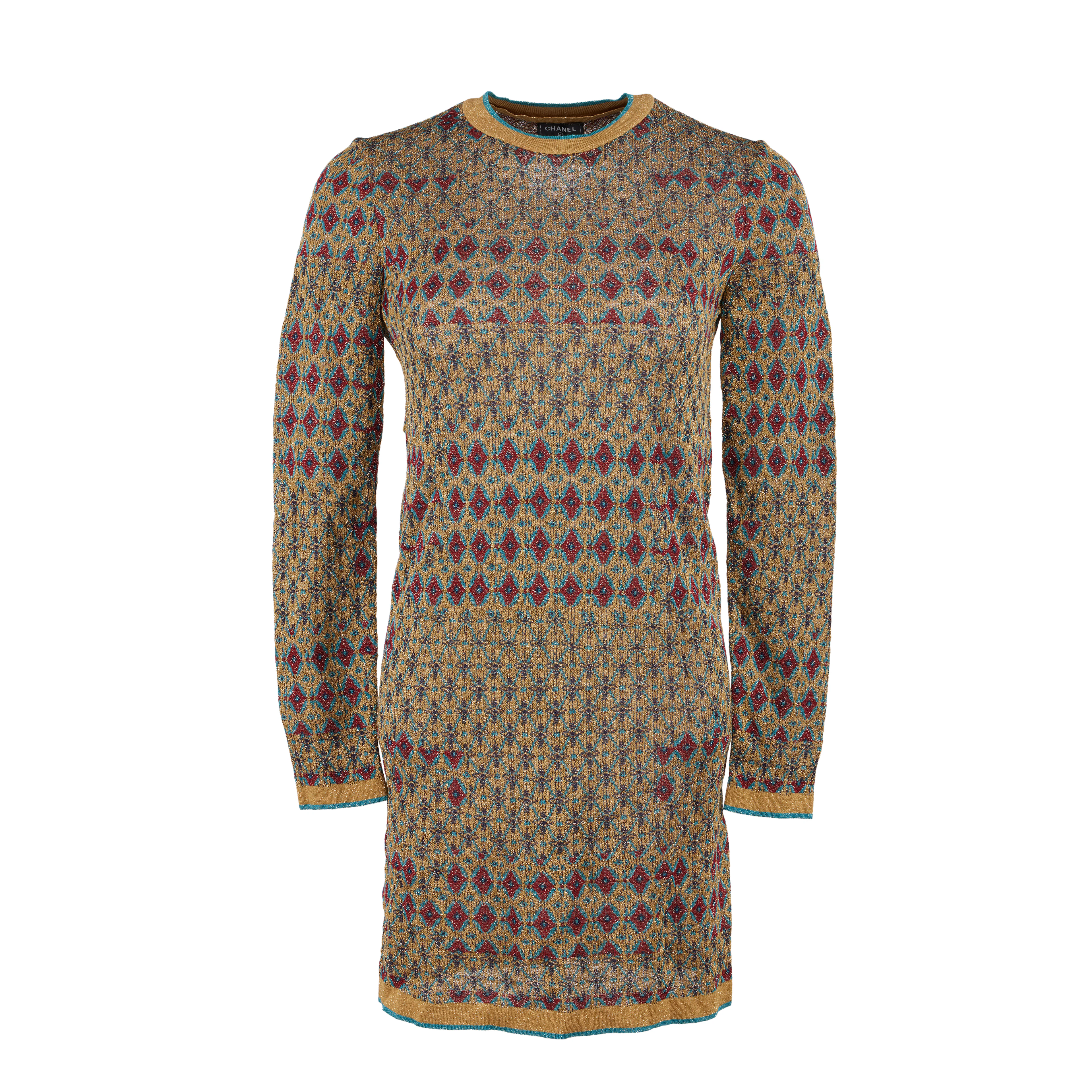 Metallic Gold, Turquoise, and Red Egypt Knit Mini Dress, 2019