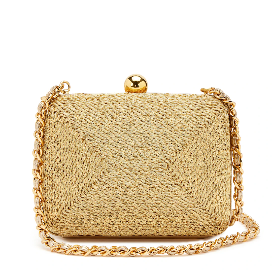 Vintage Metallic Gold Woven Raffia Rope Mini Box Clutch with Chain