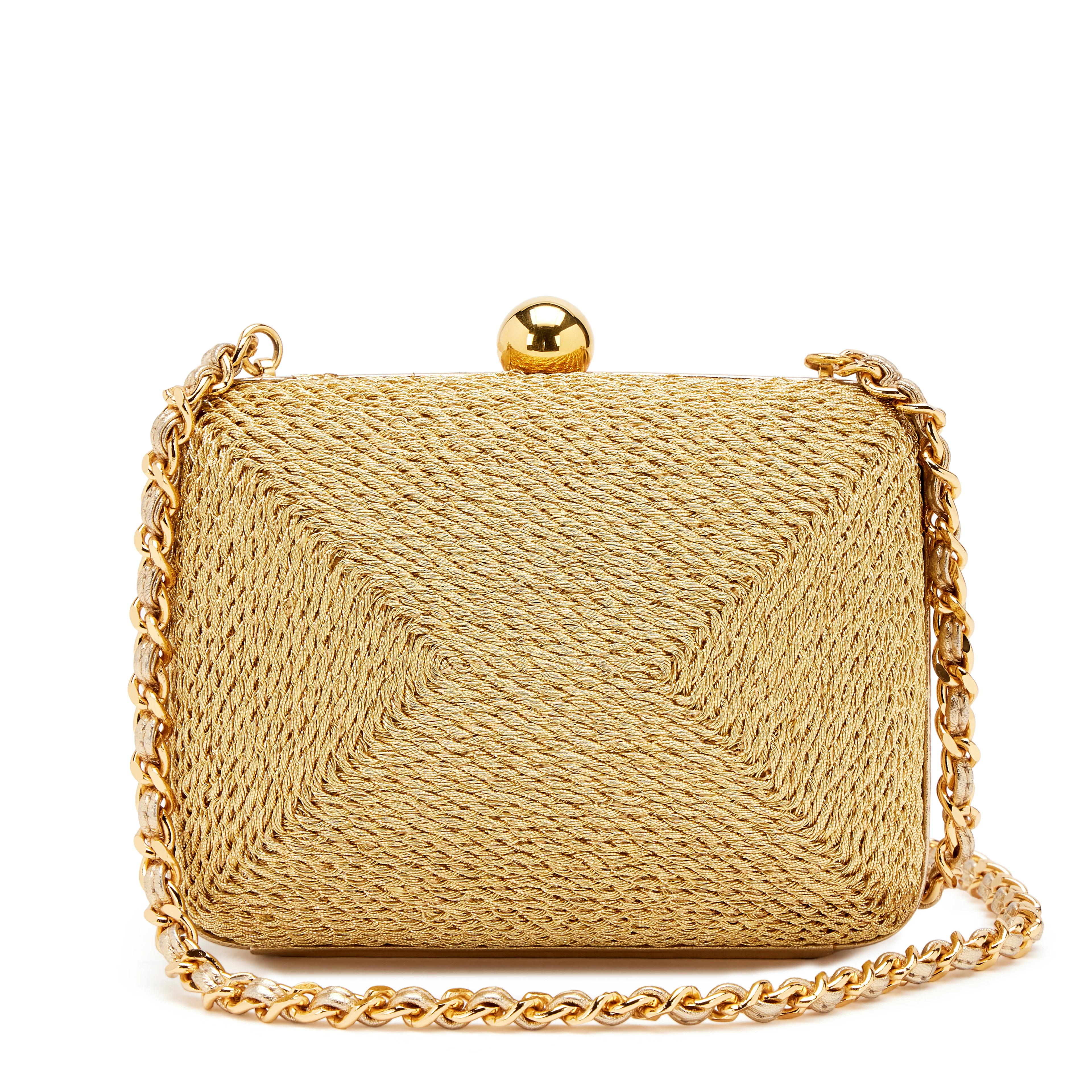 Vintage Metallic Gold Woven Raffia Rope Mini Box Clutch with Chain