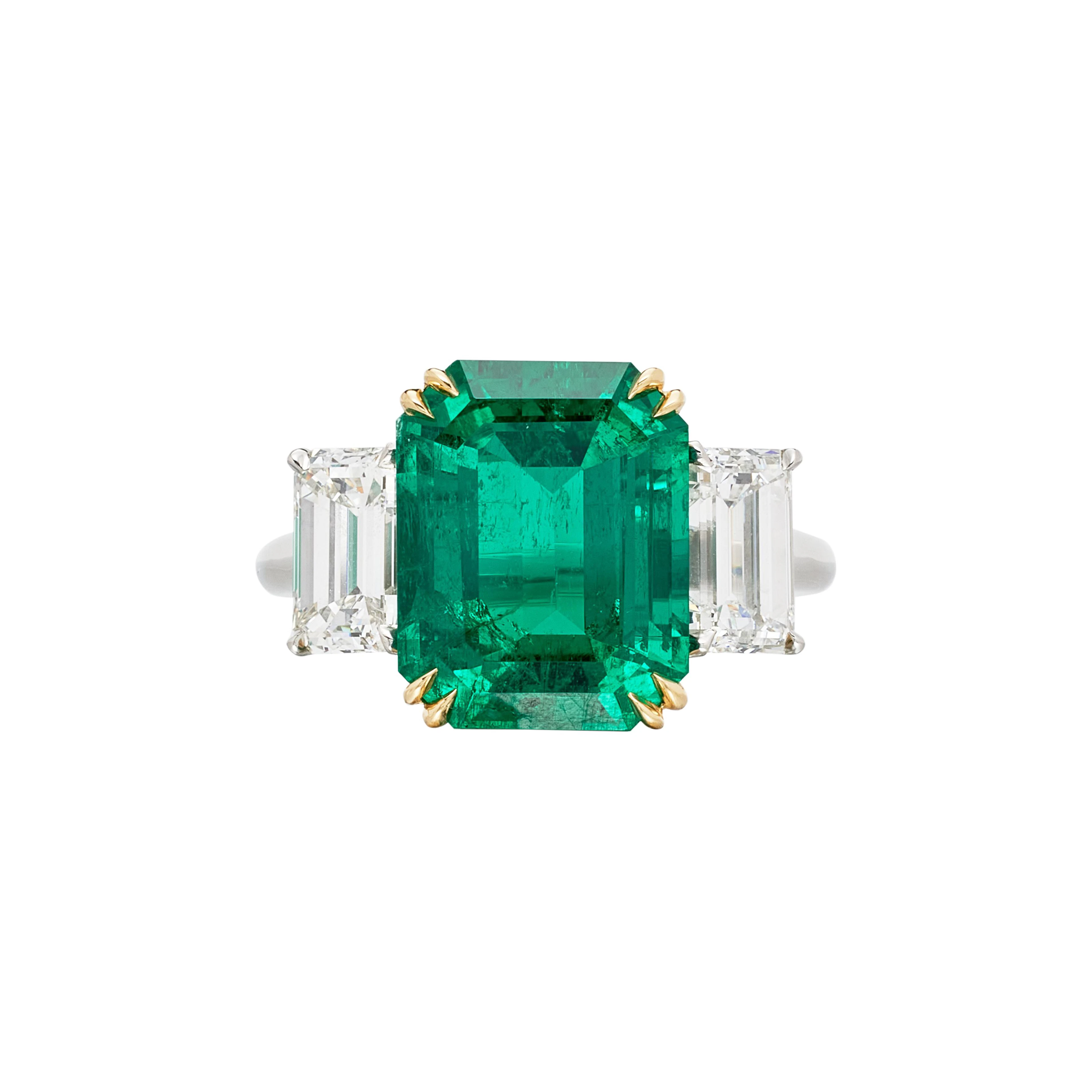 Platinum, Gold, 6.41ct Colombian Emerald and Diamond Ring