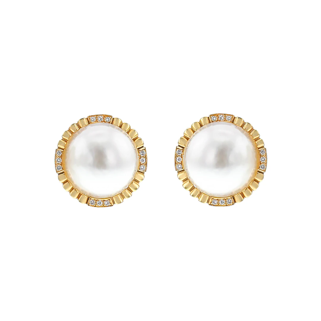 Gold and Mabé Pearl and Diamond Earclips