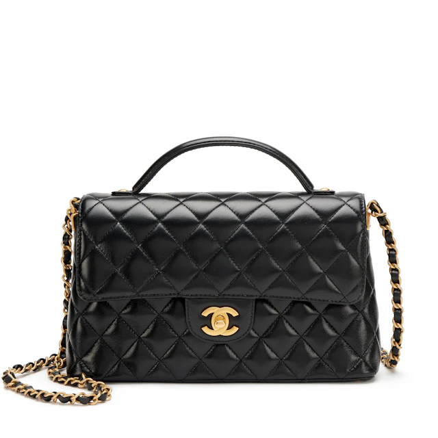 Black Quilted Lambskin Top Handle Medium Flap Bag Aged Gold Hardware, 2025