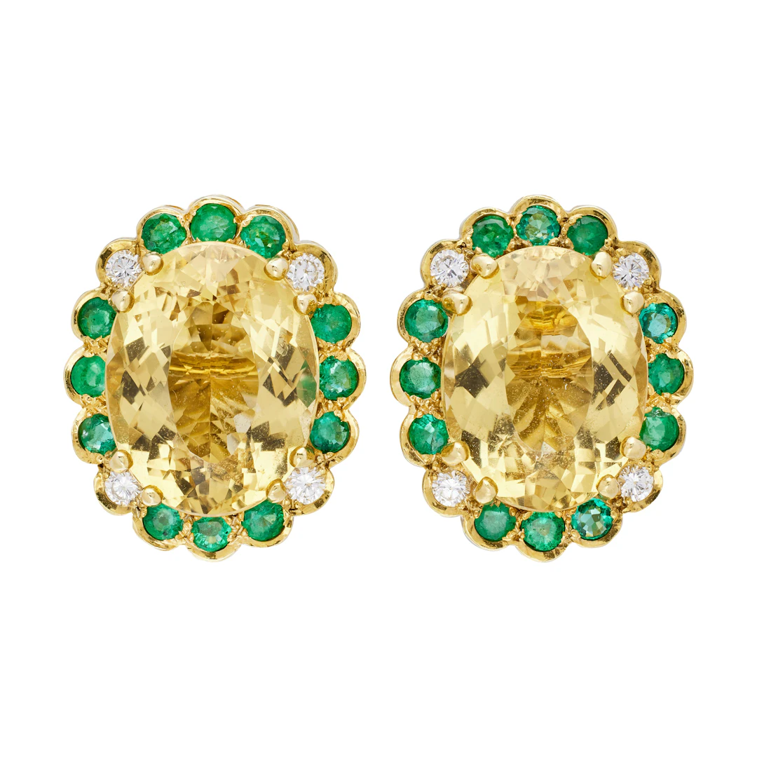 Gold, 14.00ctw Heliodor, Emerald and Diamond Earclips