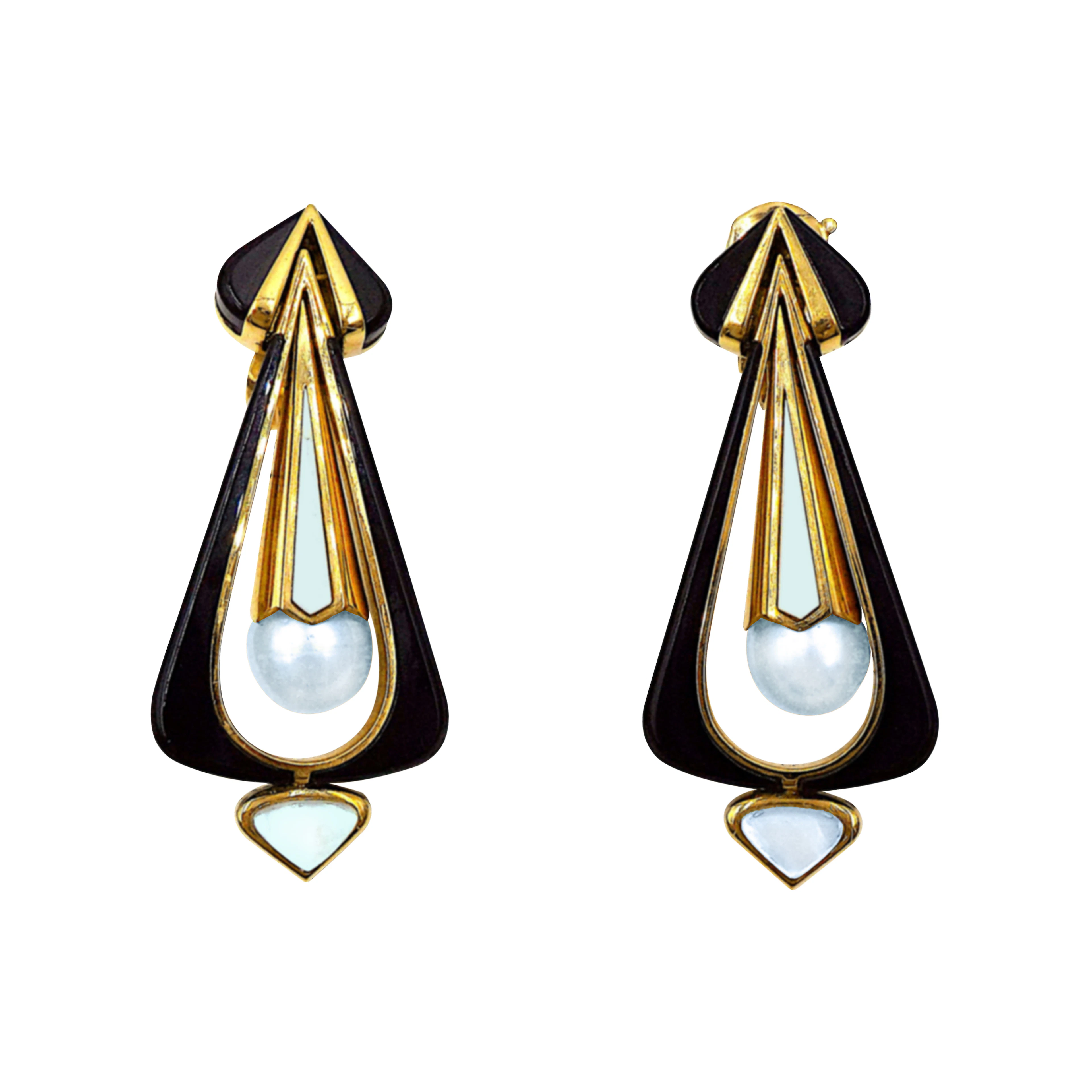 Gold, Cultured Pearl, Mother of Pearl and Onyx Drop Earclips