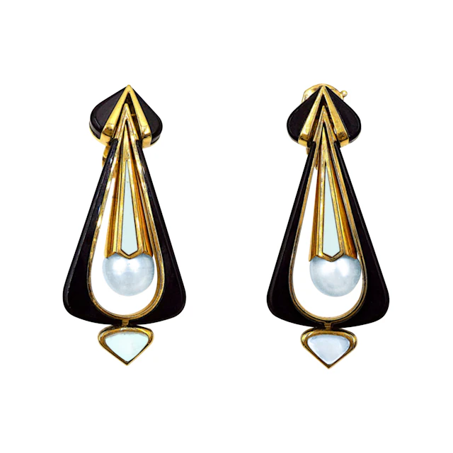Gold, Cultured Pearl, Mother of Pearl and Onyx Drop Earclips
