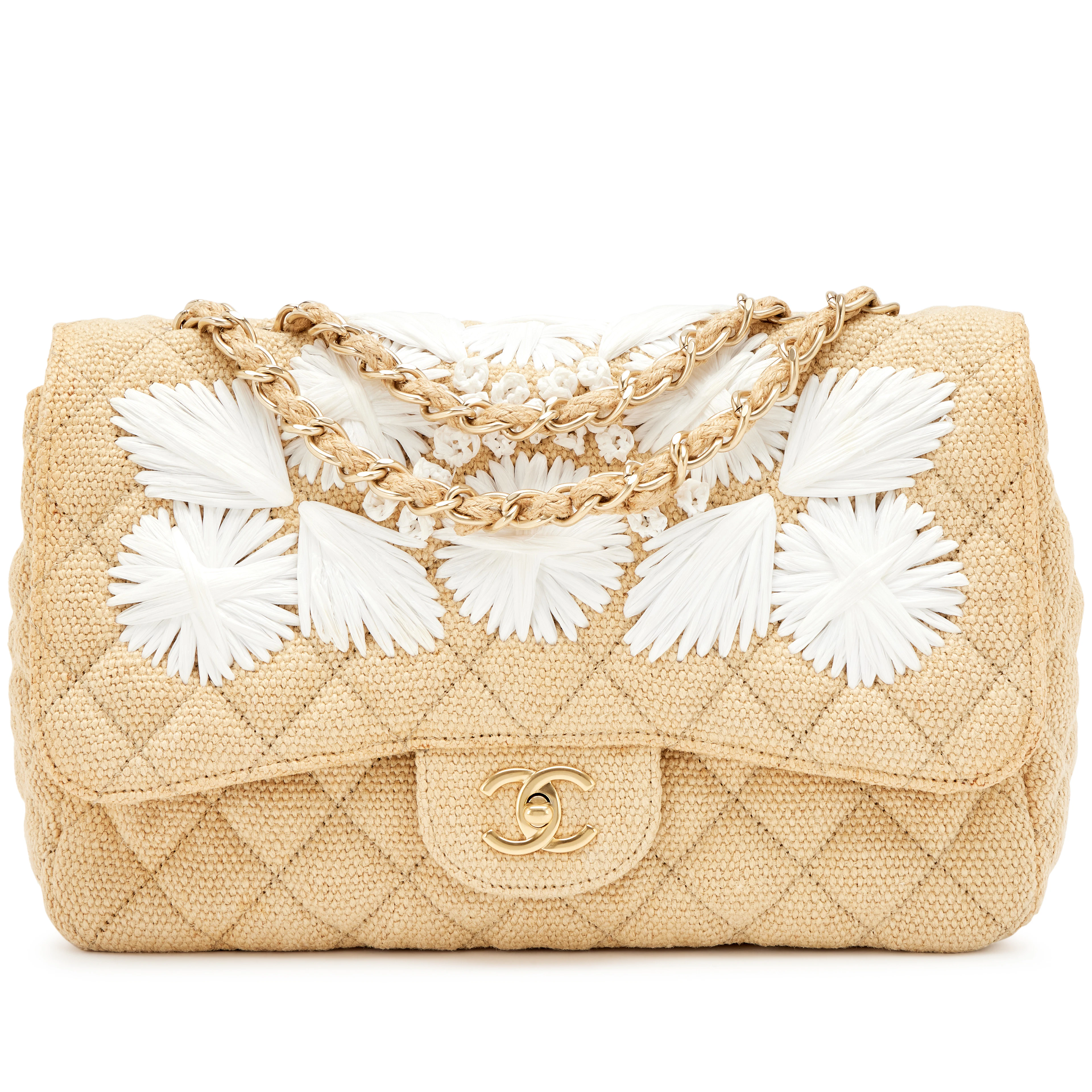 Beige White Quilted Linen And Straw Raffia Floral Embroidered Country