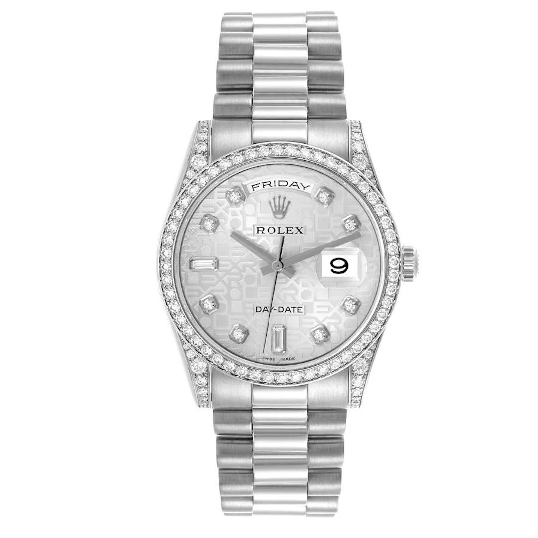 President Day-Date (Reference 118389). A 36mm white gold diamond-set