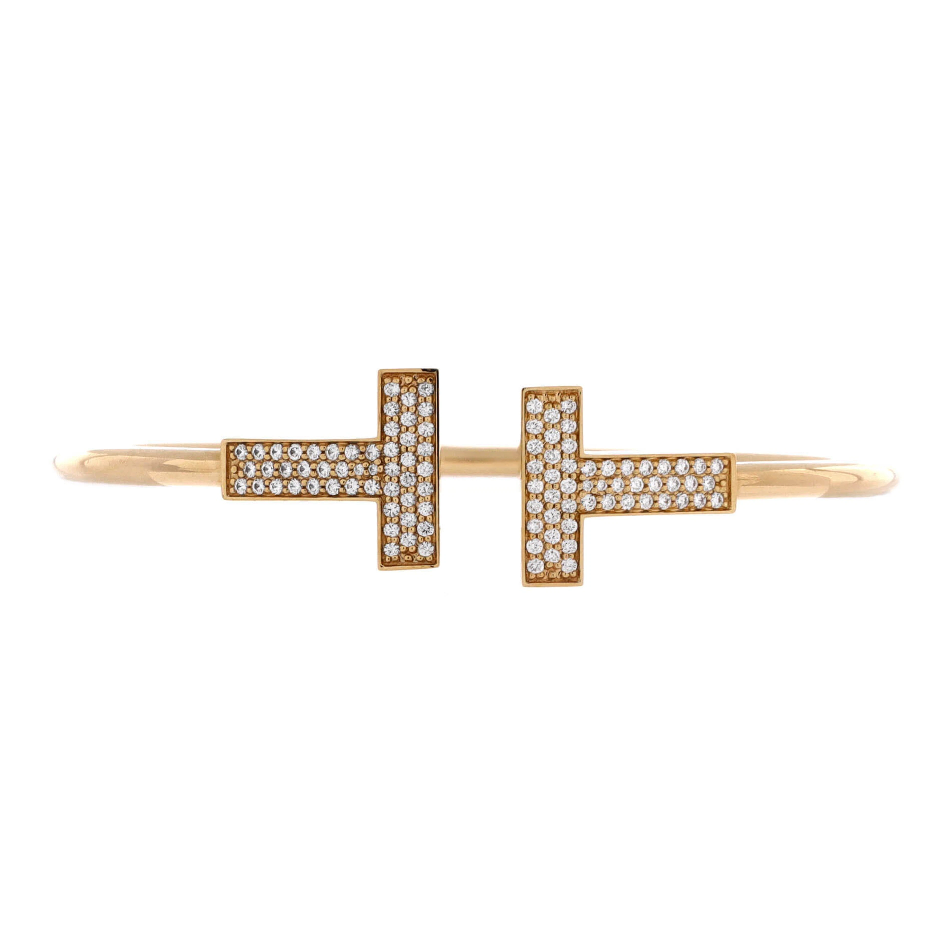 Gold and Diamond T Wire Bangle Bracelet
