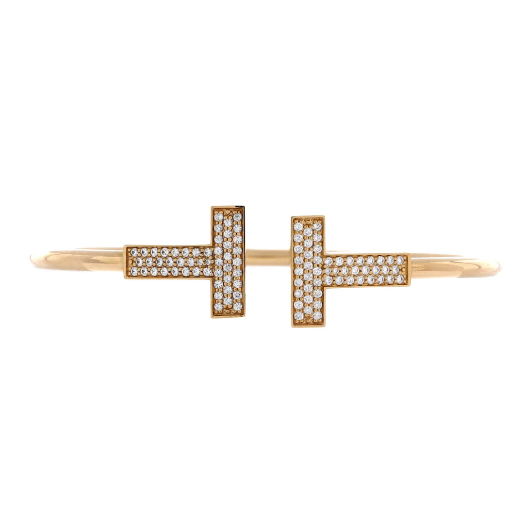 Gold and Diamond T Wire Bangle Bracelet