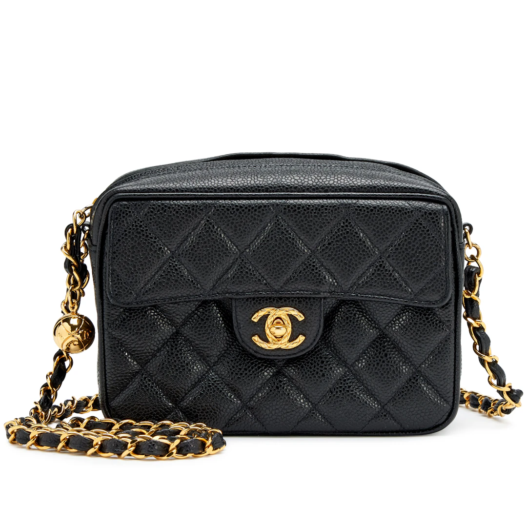 Vintage Black Quilted Caviar Front Flap Pocket Mini Camera Bag Gold