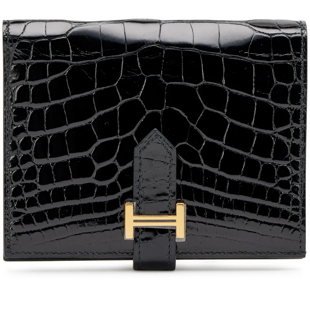 Black Shiny Alligator Bearn Compact Wallet Gold Hardware, 2019
