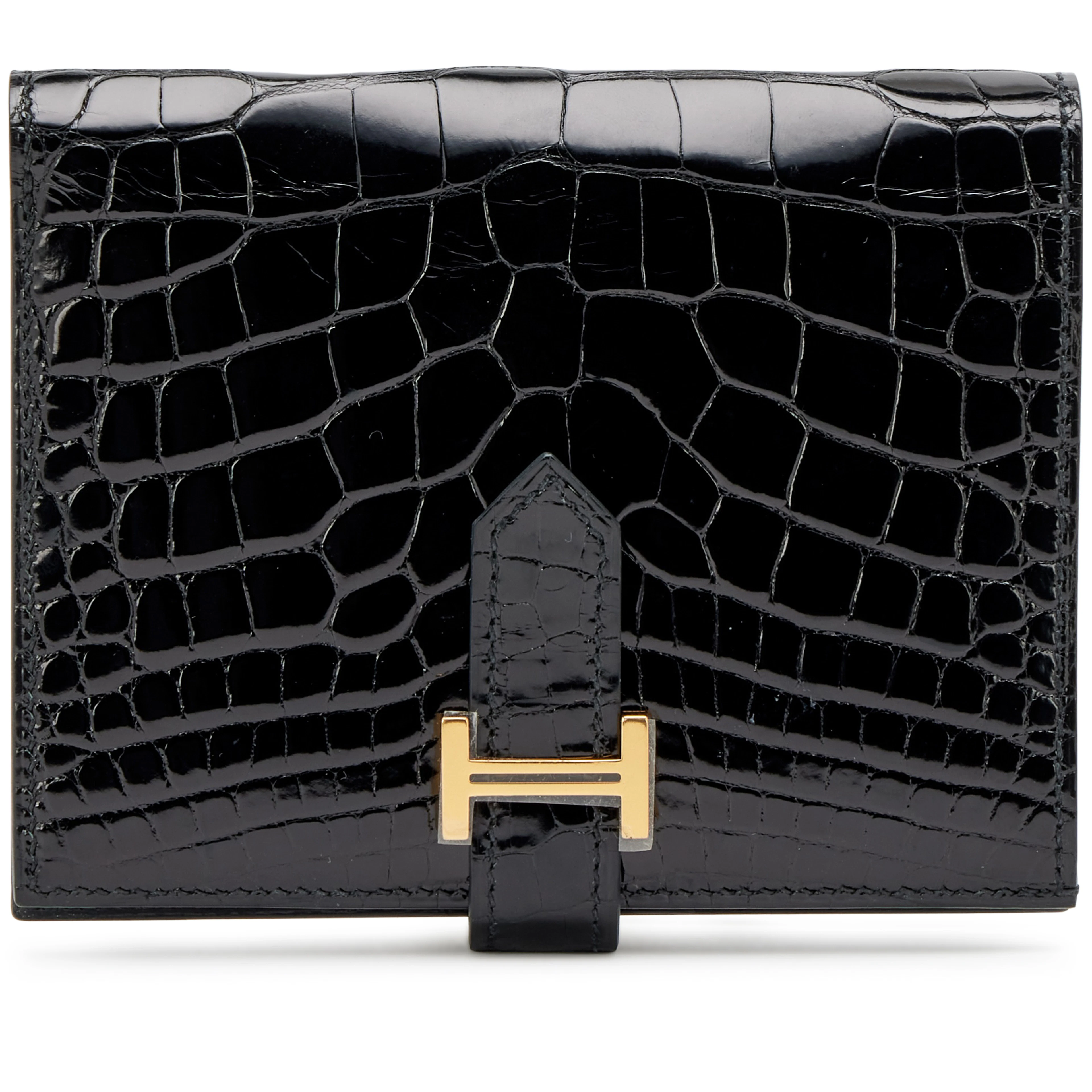 Black Shiny Alligator Bearn Compact Wallet Gold Hardware, 2019