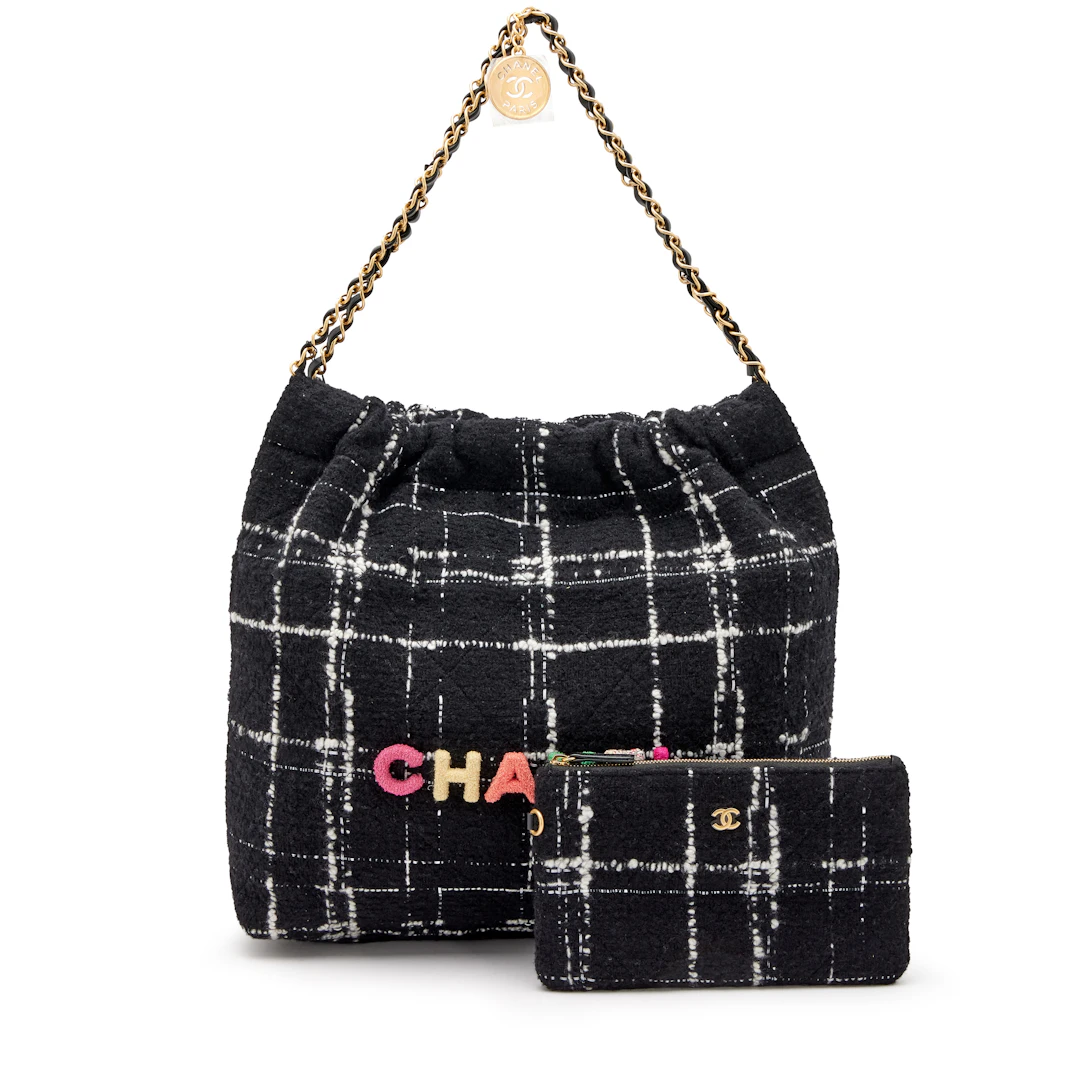 Black, White, and Rainbow Quilted Wool Tweed 22 Tote Aged Gold Hardware, 2022